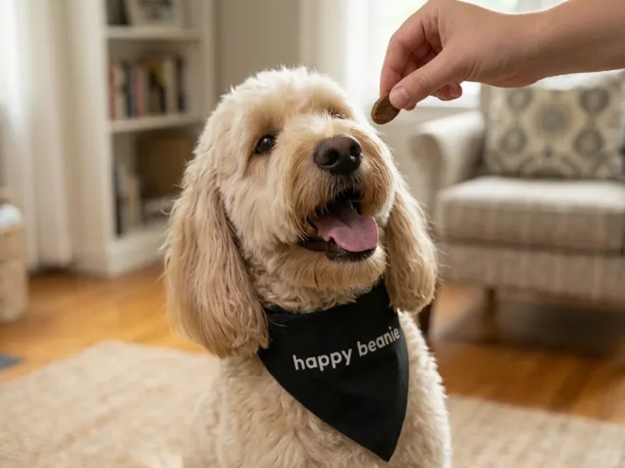 A hand offering a chew to a goldendoodle wearing a Happy Beanie bandana