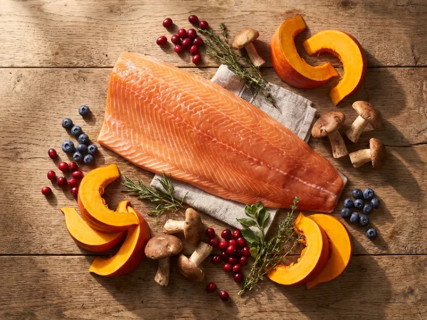Salmon fillet, mushrooms, berries and squash arranged on a wooden board