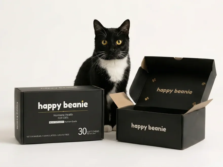 A black and white cat sitting beside Happy Beanie boxes