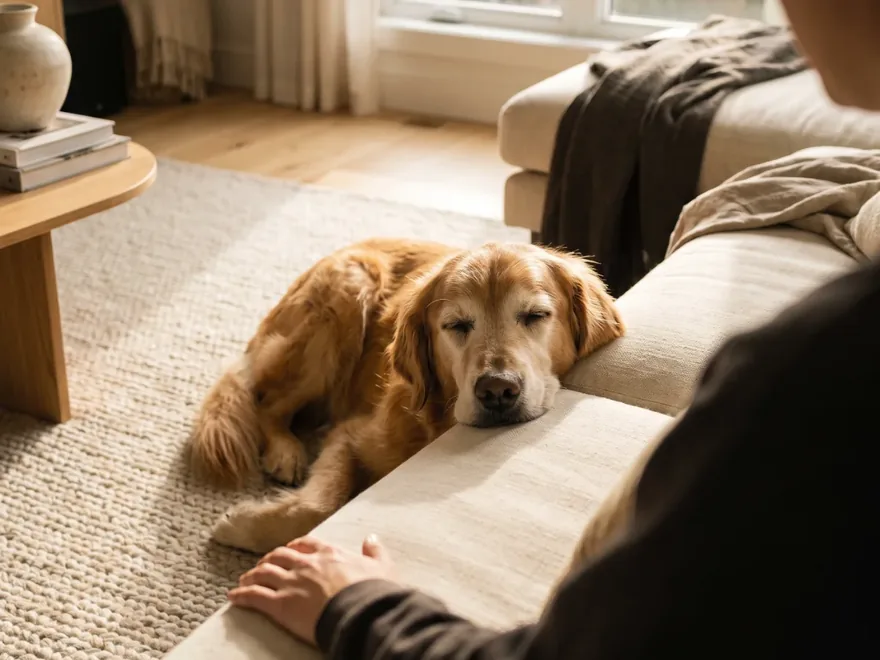 A golden retriever resting on a sofa beside its owner