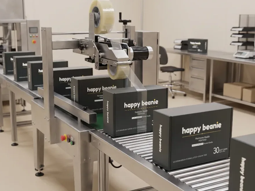Happy Beanie boxes moving along a packing line