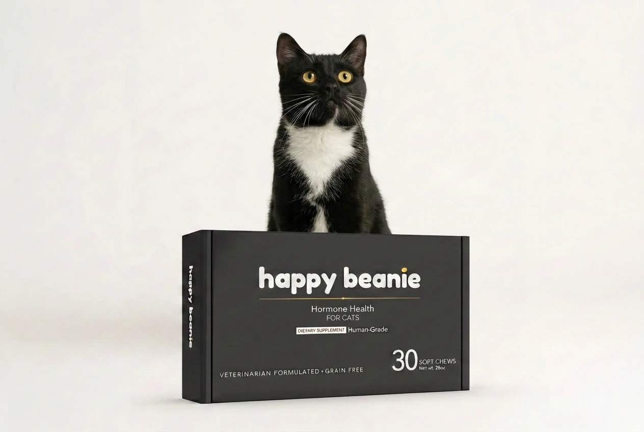 Tuxedo cat beside the Happy Beans for Cats box