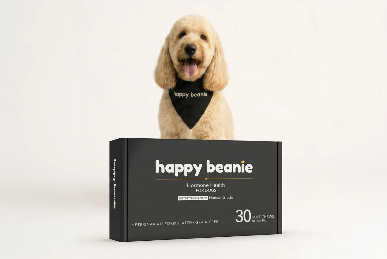 Goldendoodle in a Happy Beanie bandana beside the Happy Beans for Dogs box
